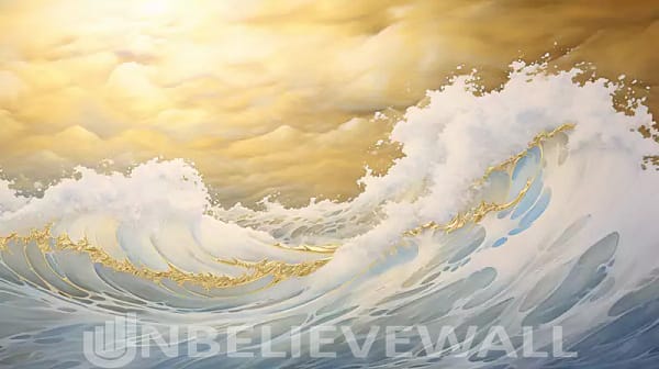 Big wave white gold blue painting
