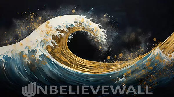 Big wave black white gold blue painting v2