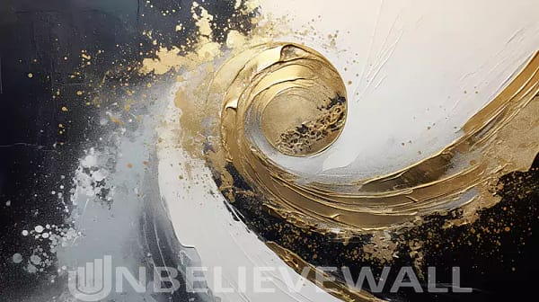 Abstract wave black white gold painting v1