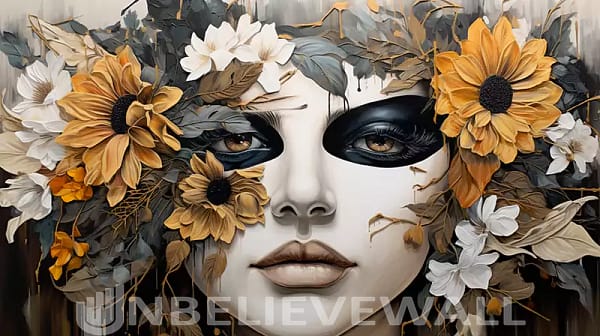Woman portrait with flower hair black white gold painting v1