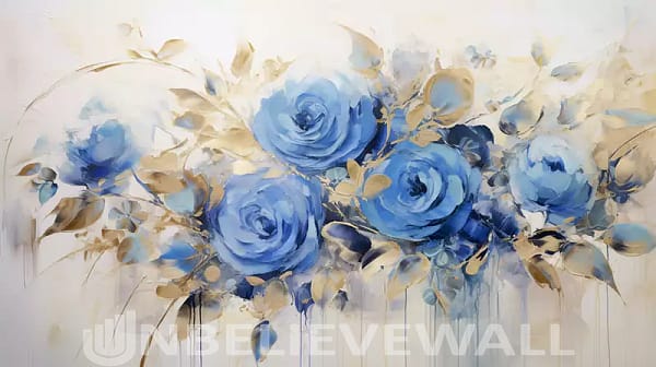 Blue roses blue gold white painting v2