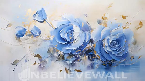 Blue roses blue gold white painting v3