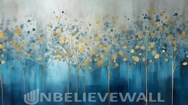 Abstract trees blue gold painting v2