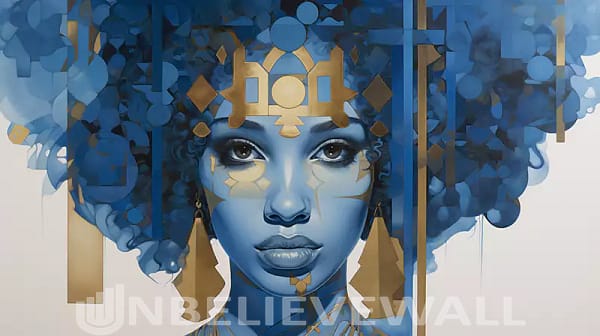 Woman portrait with golden tattoos blue gold afro v1