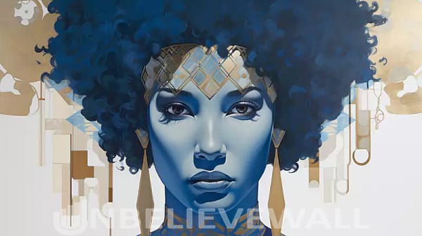 Woman portrait with golden tattoos blue gold afro v3