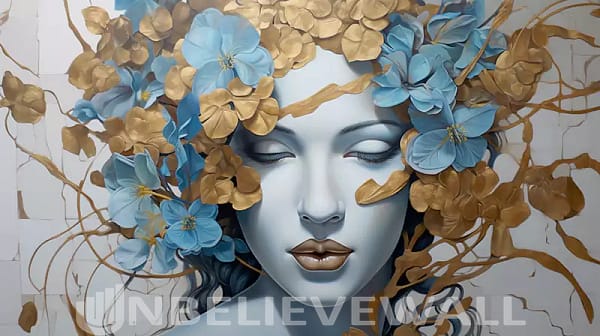 Woman portrait with flower hair blue gold white greek v1