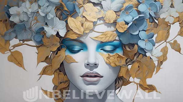 Woman portrait with flower hair blue gold white greek v5