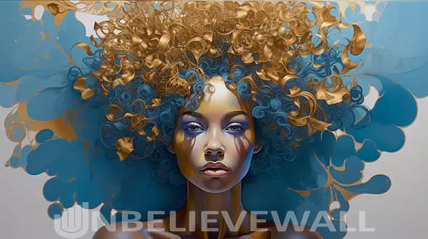 Woman portrait with golden decorations blue gold afro v1