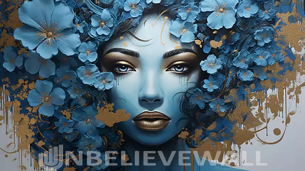 Woman portrait with flower hair blue gold afro v1