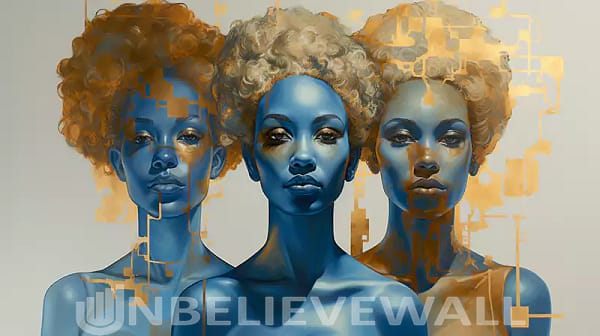 Three blue women blue gold afro