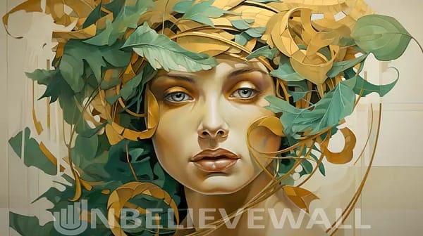 Woman portrait with flower hair green gold greek v8