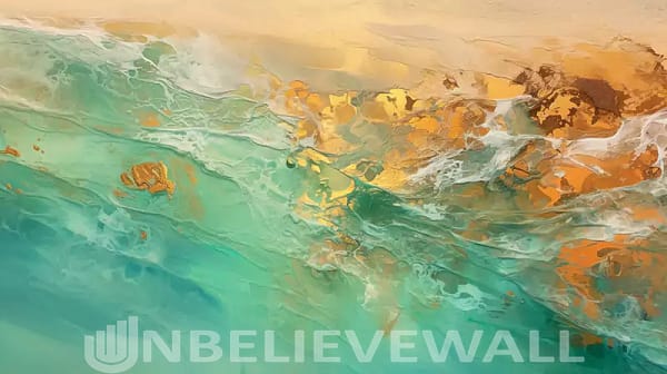 Sea on the beach green gold blue painting