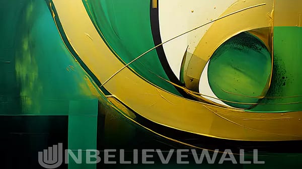 Various fluid shapes green gold painting