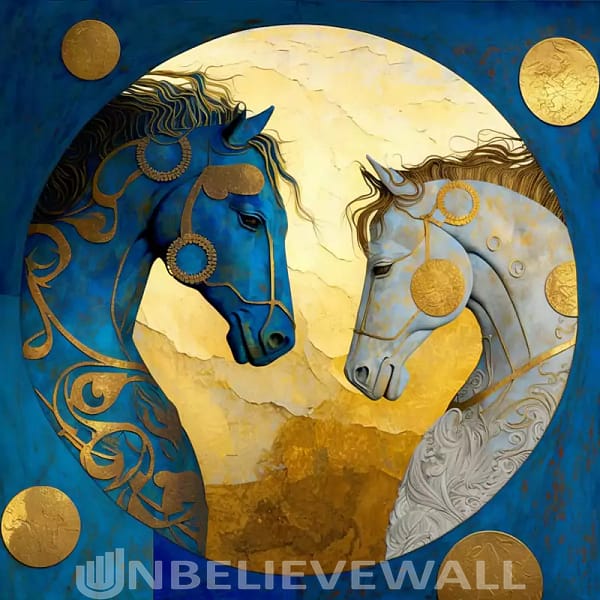 Two horses in a circle blue gold klimt v1