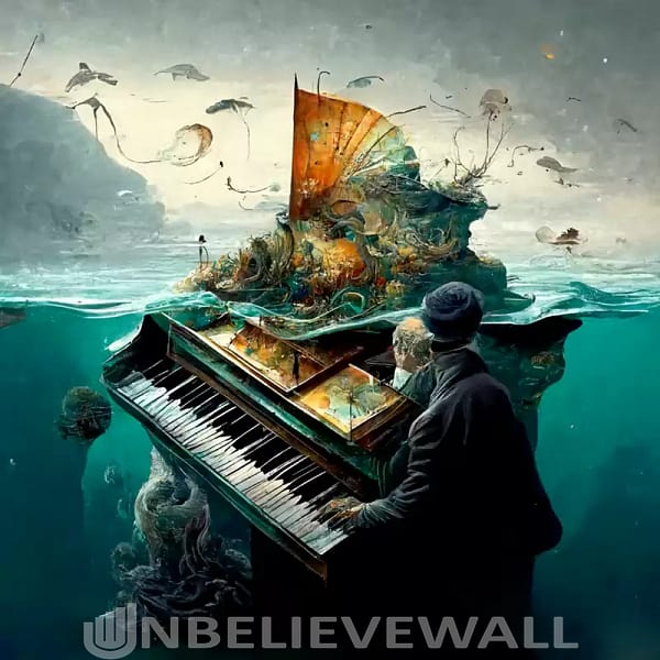 Underwater pianist blue gold painting v1