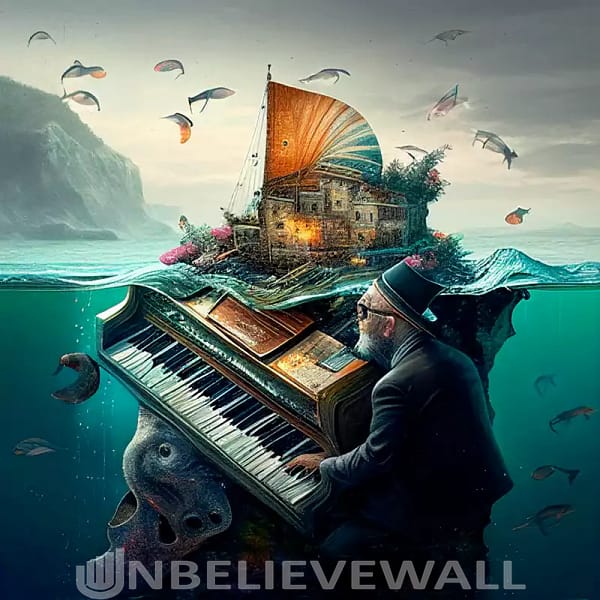 Underwater pianist blue gold painting v2