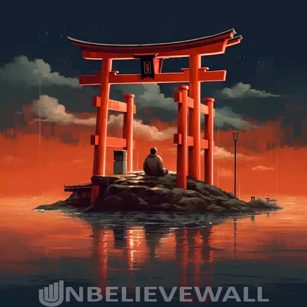 Night japanese torii red black blue surrealism