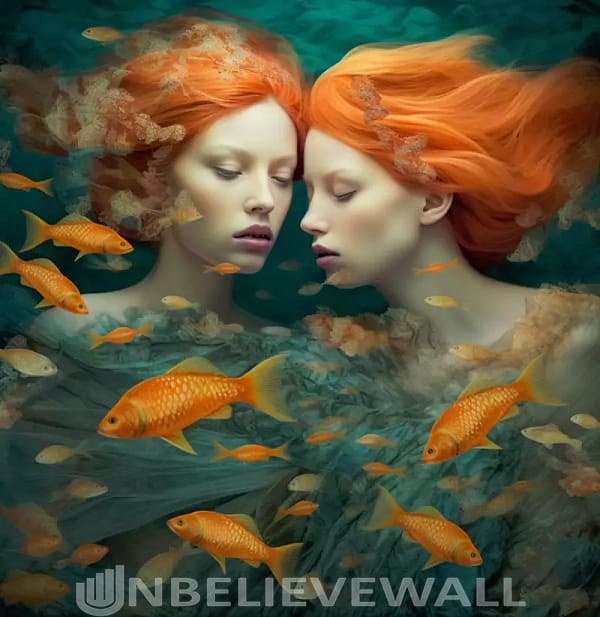 Two women with fish blue gold surrealism